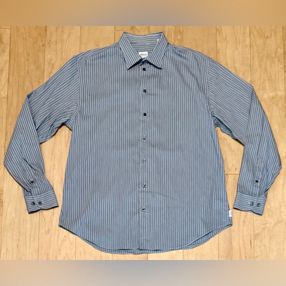 Vintage Armani Collezioni Dress Shirt Blue White Striped Italy Men’s XL